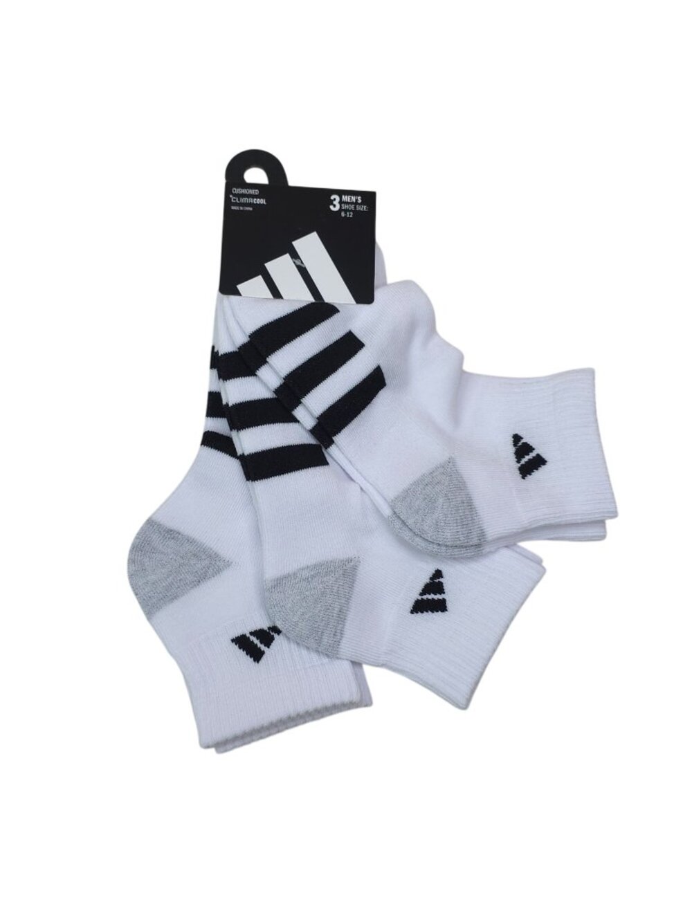 Adidas Mens ClimaCool Cushioned Quarter Socks 3-Pack Shoe Size 6-12 White/Black
